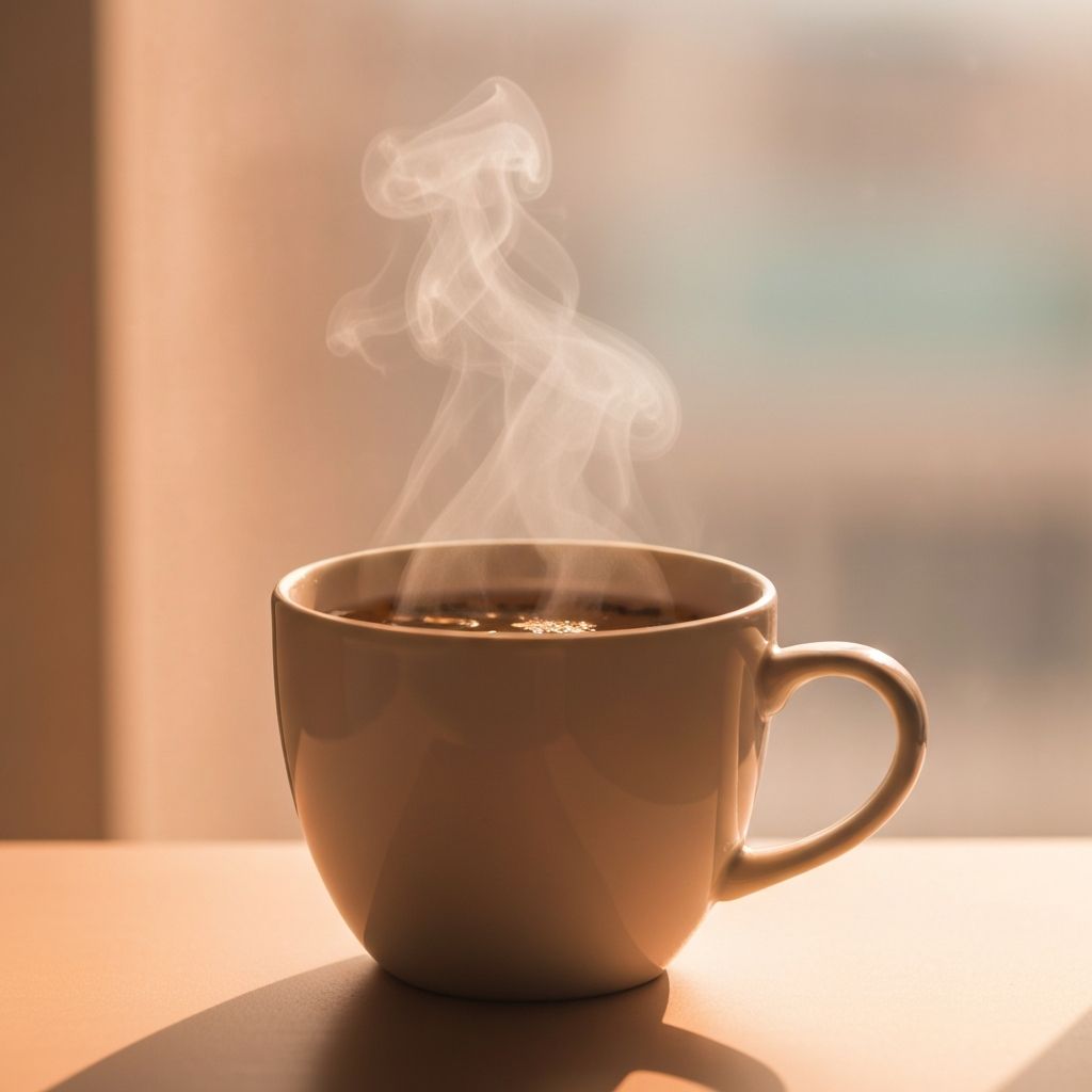 Warm mug with steaming tea in soft window light